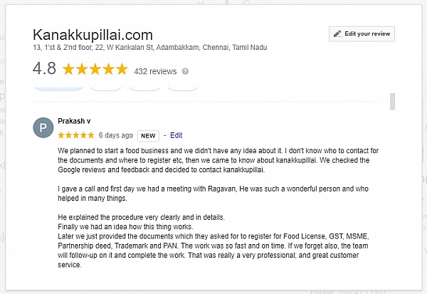 I given Google Review to Kanakkupillai