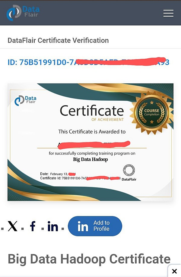 I got this certificate from DataFlair. It's legit