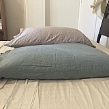 Old crummy pillow in the front. Nice new fluffy feather pillow in the back.